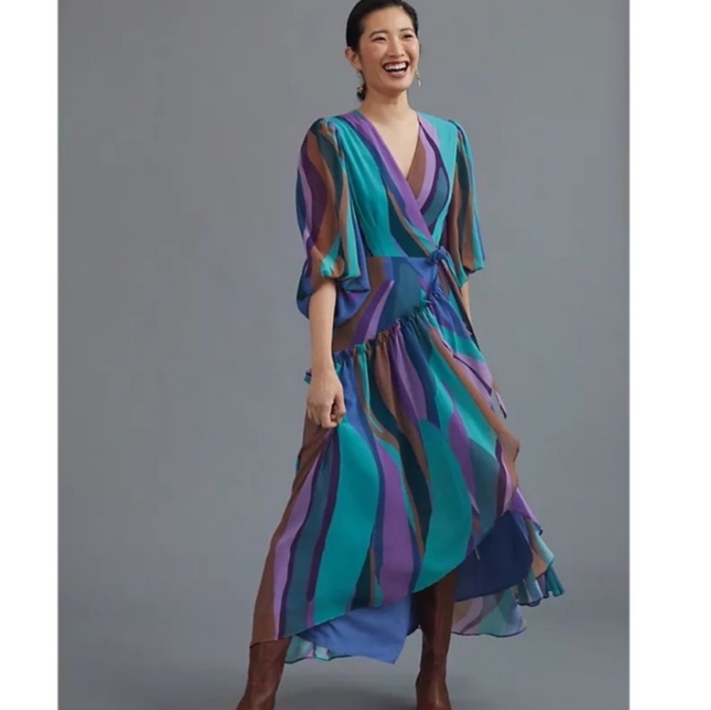 Anthropologie Balloon Sleeve Flowy Maxi Wrap Dress - Picture 3 of 10